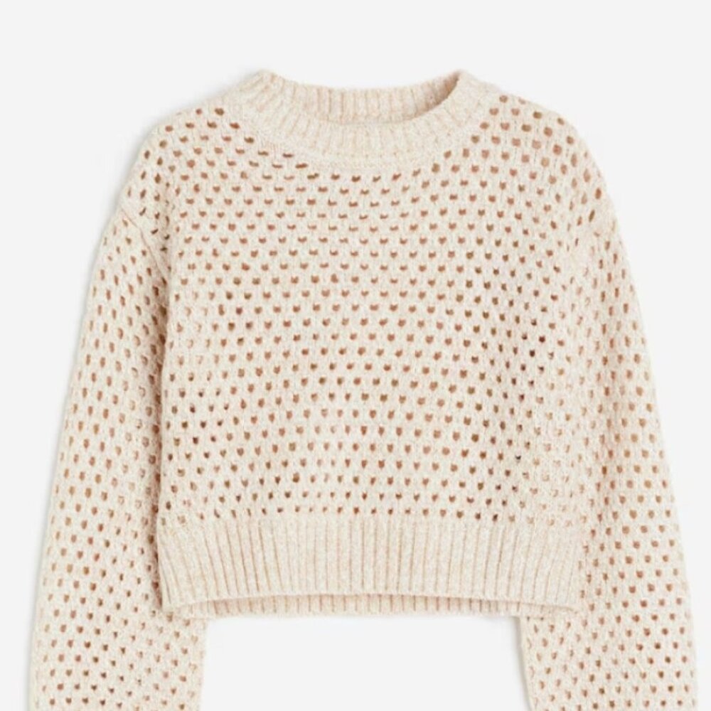H&M Kids Crochet Knit Sweater Cream Soft Cozy Preppy Retro-inspired Sz CA 12-14A
